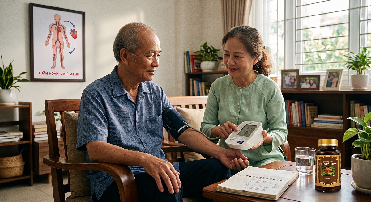 Người lớn tuổi kiểm tra huyết áp và chăm sóc tuần hoàn